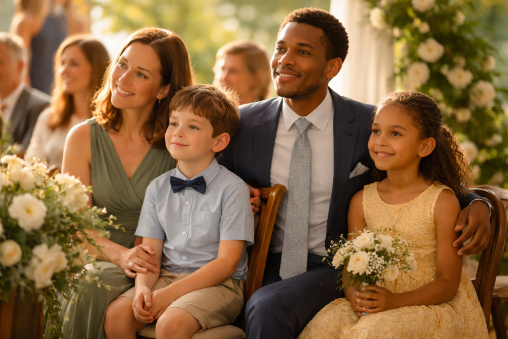 Family with kids at a wedding ceremony showing proper etiquette