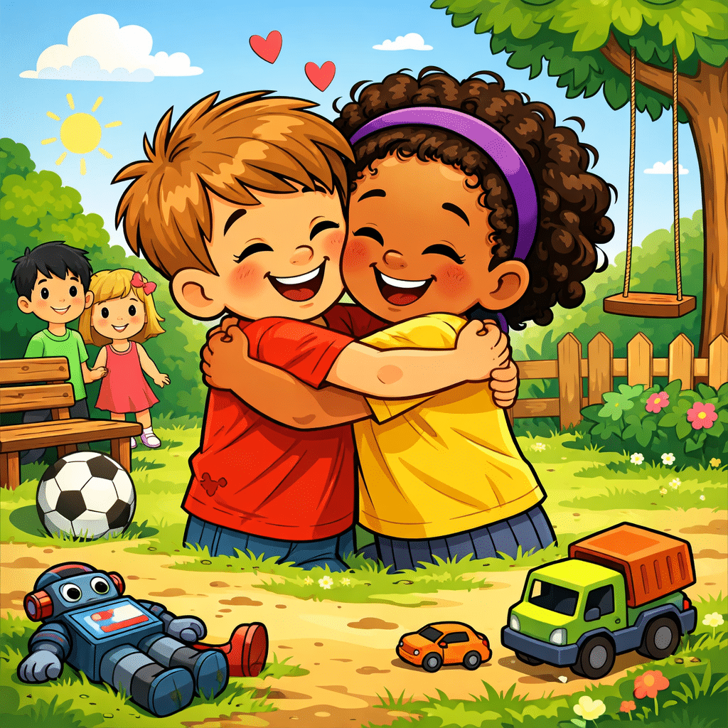 Warm embrace - Manners Matter Now Two cartoon children hugging outdoors showing a genuine apology and empathy