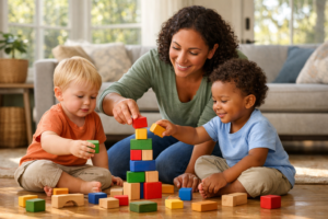 Building memories with blocks together - Manners Matter Now teaching kids to share