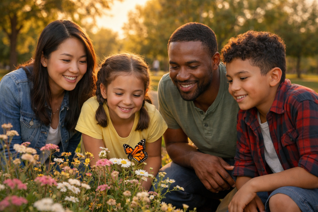 Family admiring a Monarch butterfly - Manners Matter Now raise kids to respect nature