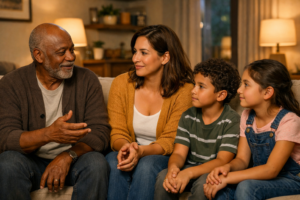 Family sharing a warm conversation - Manners Matter Now Teach kids to listen