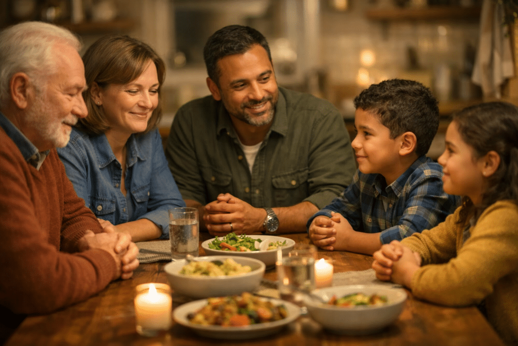 Family sharing around dinner table - Manners Matter Now